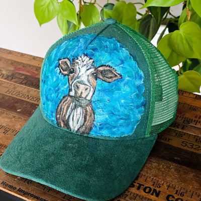 Curious Cow || Green Suede Baseball Style Mesh Trucker Hat || Hand Painted