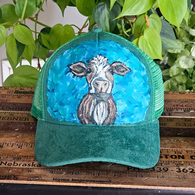 Curious Cow || Green Suede Baseball Style Mesh Trucker Hat || Hand Painted