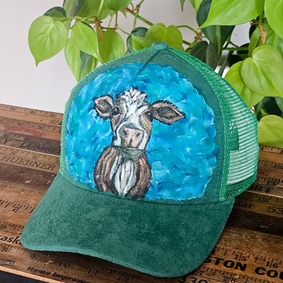 Curious Cow || Green Suede Baseball Style Mesh Trucker Hat || Hand Painted