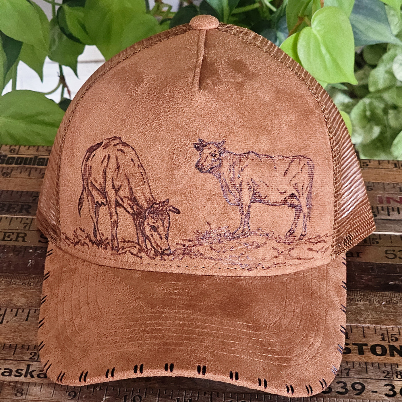 Besties || Camel Suede Baseball Style Mesh Trucker Hat || Freehand Burned