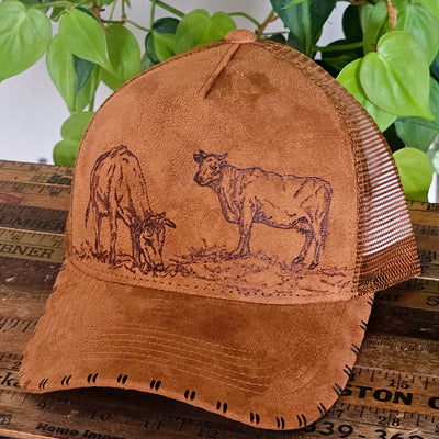 Besties || Camel Suede Baseball Style Mesh Trucker Hat || Freehand Burned