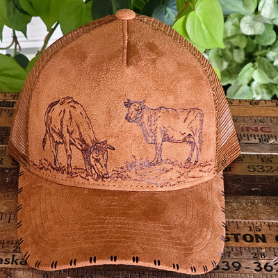 Besties || Camel Suede Baseball Style Mesh Trucker Hat || Freehand Burned