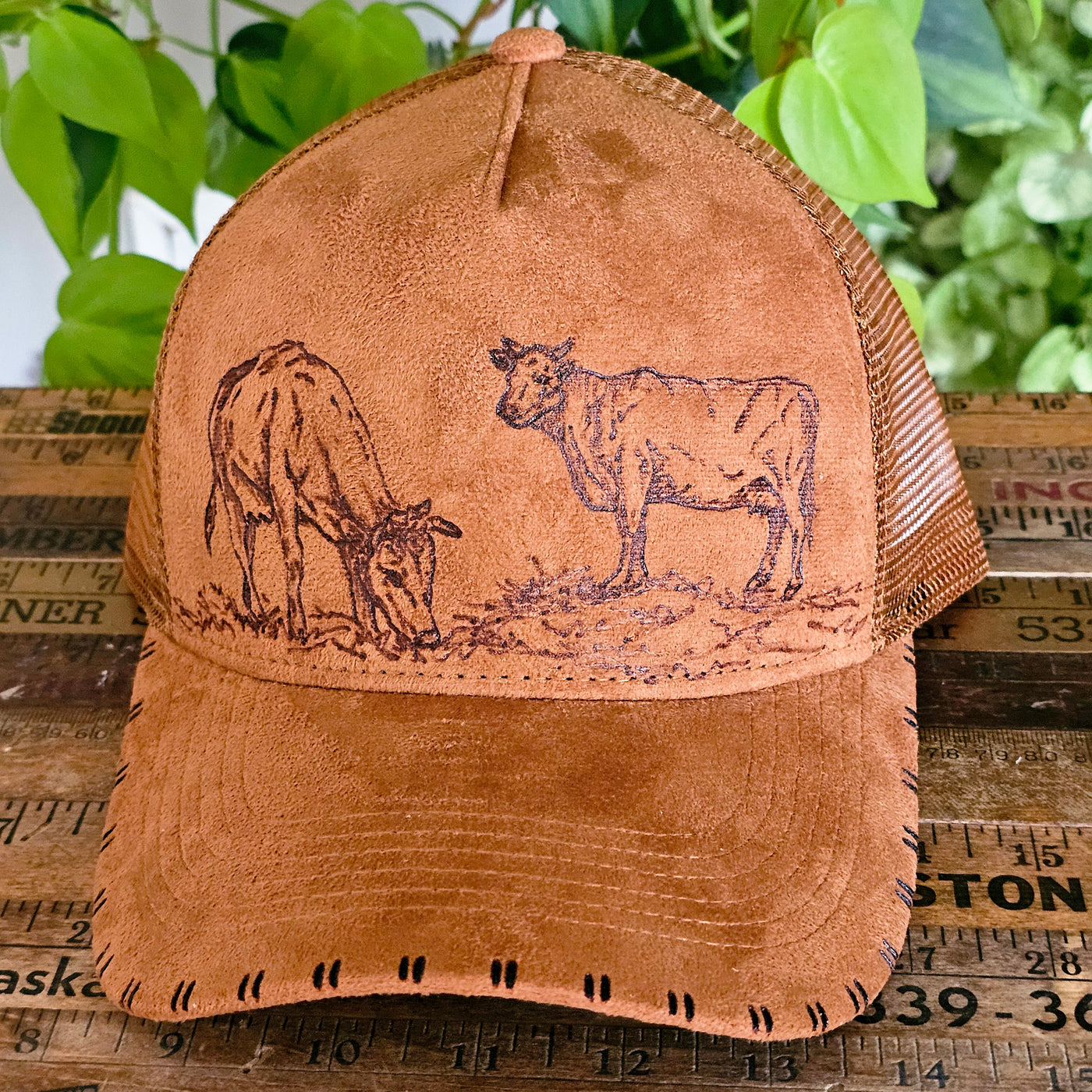 Besties || Camel Suede Baseball Style Mesh Trucker Hat || Freehand Burned