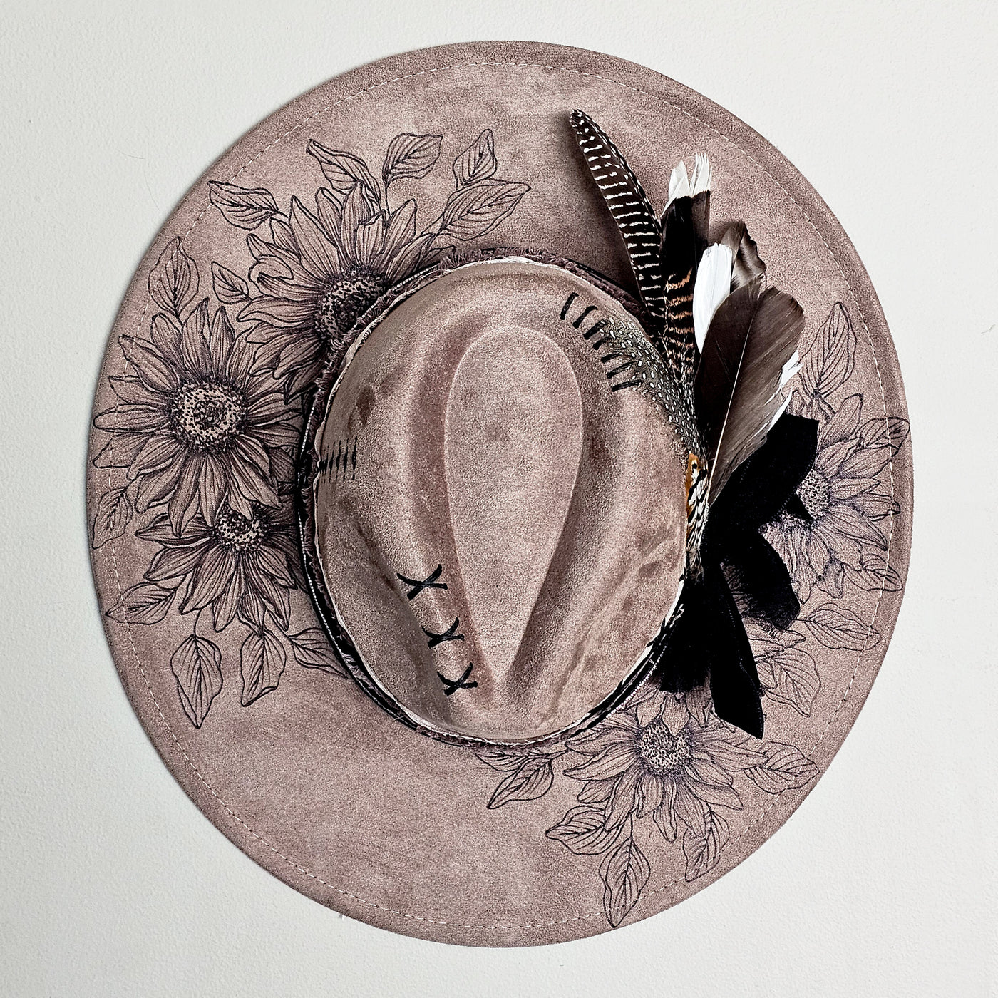 Sunflower Shade || Taupe Suede Burned and Painted Wide Brim Hat