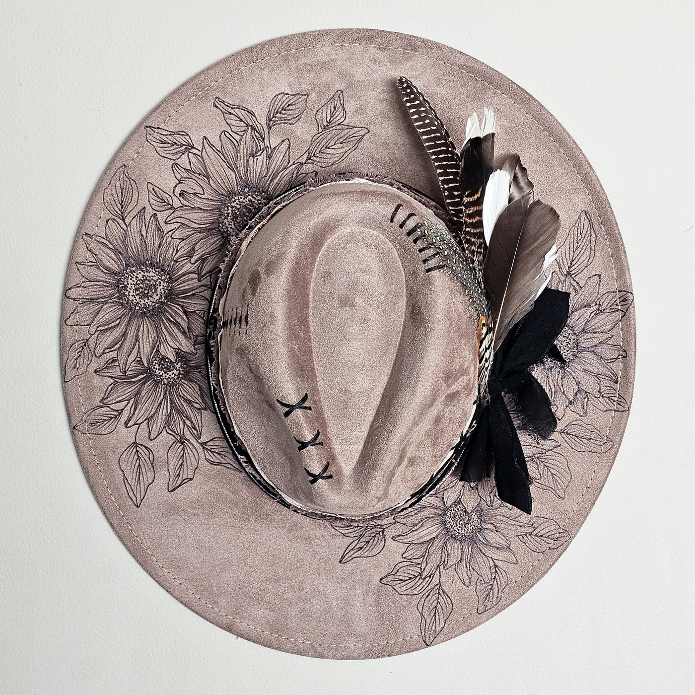 Sunflower Shade || Taupe Suede Burned and Painted Wide Brim Hat