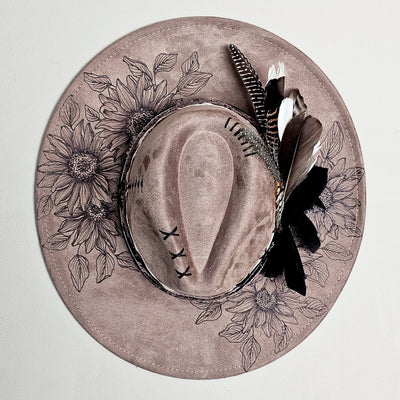 Sunflower Shade || Taupe Suede Burned and Painted Wide Brim Hat