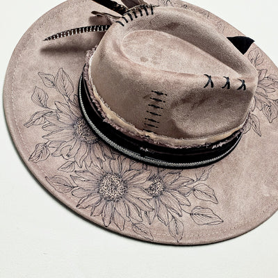 Sunflower Shade || Taupe Suede Burned and Painted Wide Brim Hat