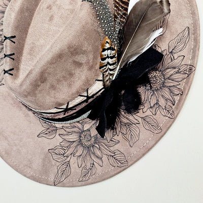 Sunflower Shade || Taupe Suede Burned and Painted Wide Brim Hat