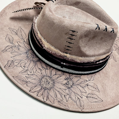 Sunflower Shade || Taupe Suede Burned and Painted Wide Brim Hat