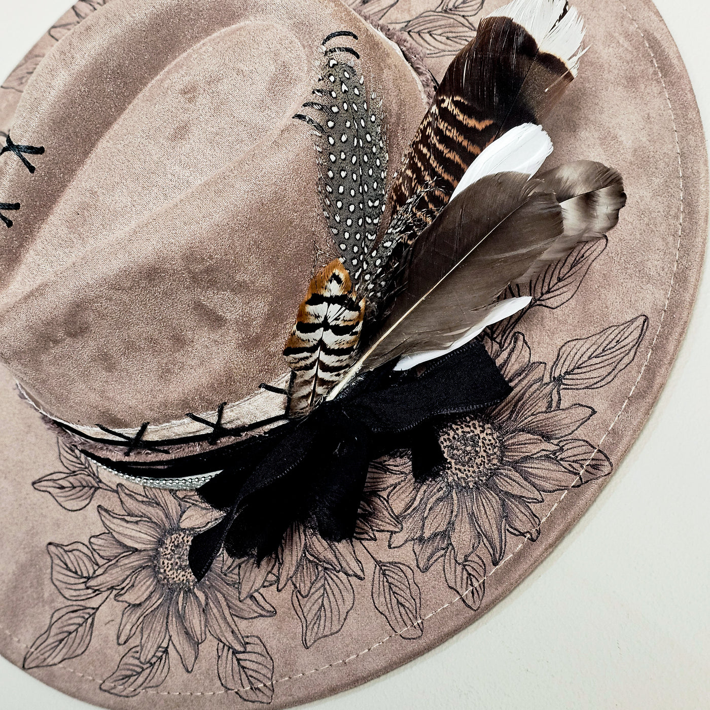 Sunflower Shade || Taupe Suede Burned and Painted Wide Brim Hat