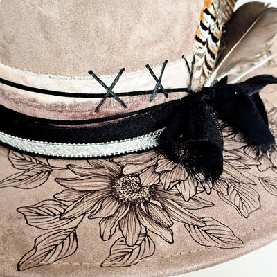 Sunflower Shade || Taupe Suede Burned and Painted Wide Brim Hat