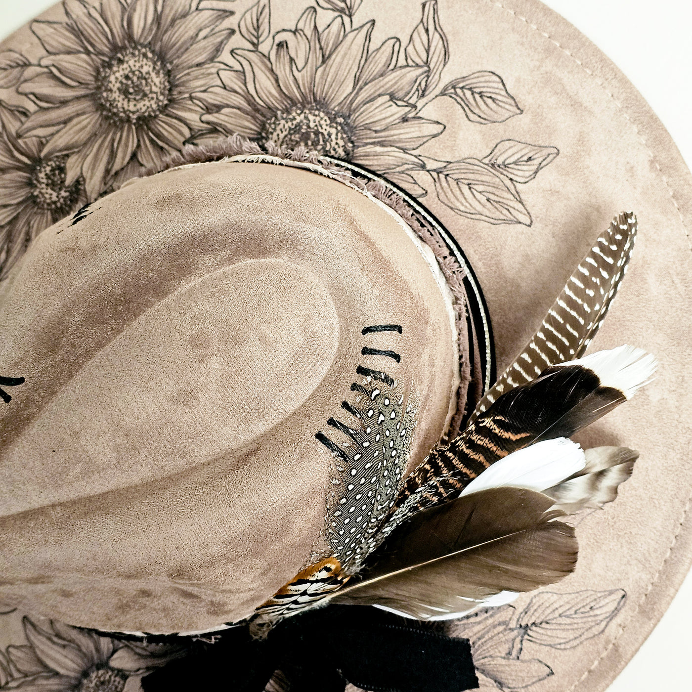 Sunflower Shade || Taupe Suede Burned and Painted Wide Brim Hat