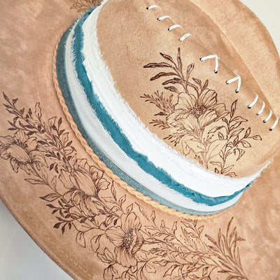 Not My First Rodeo || Tan Suede Burned Wide Brim Hat