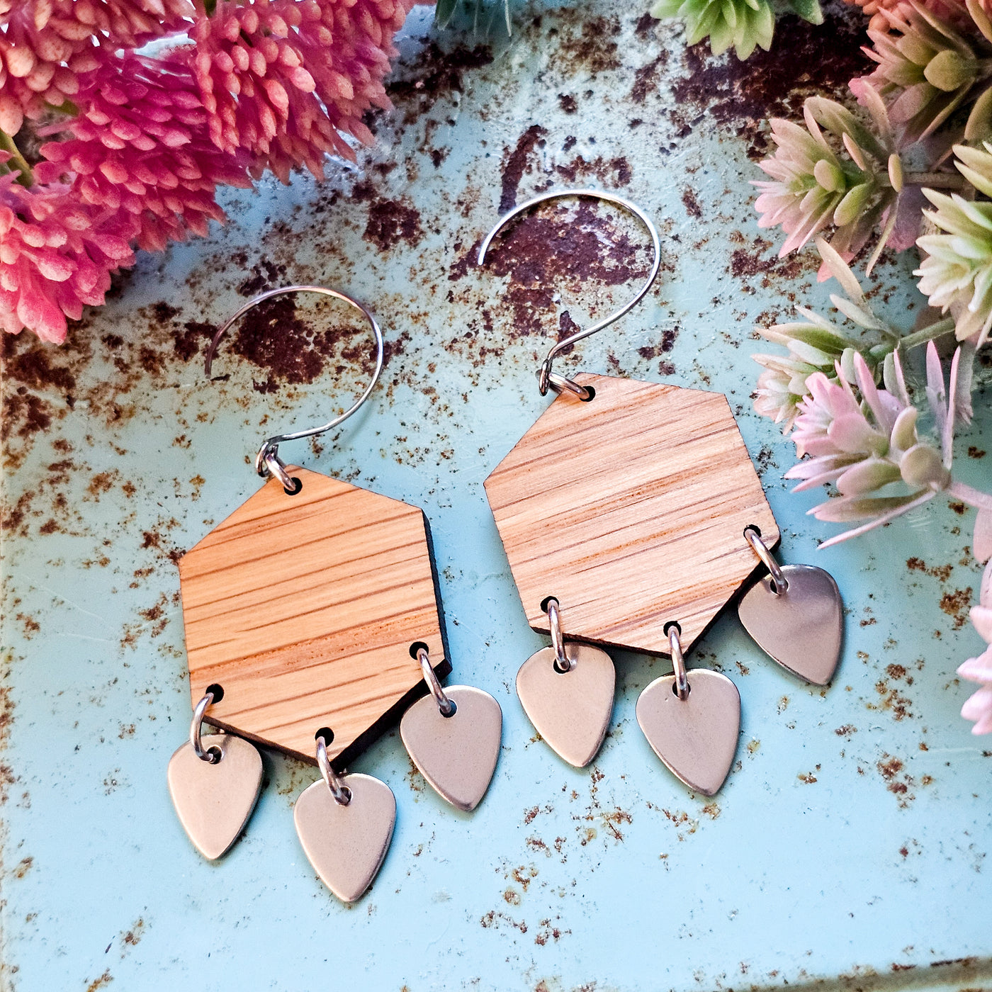 Wooden Hexagon + Triple Drop Earrings