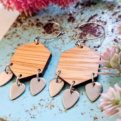 Wooden Hexagon + Triple Drop Earrings