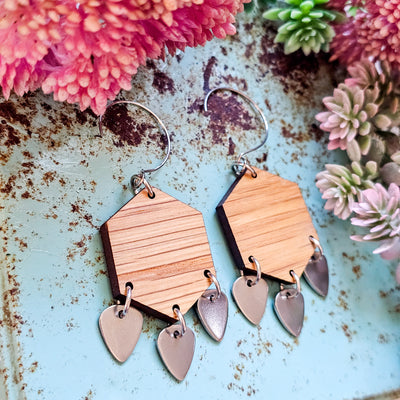 Wooden Hexagon + Triple Drop Earrings