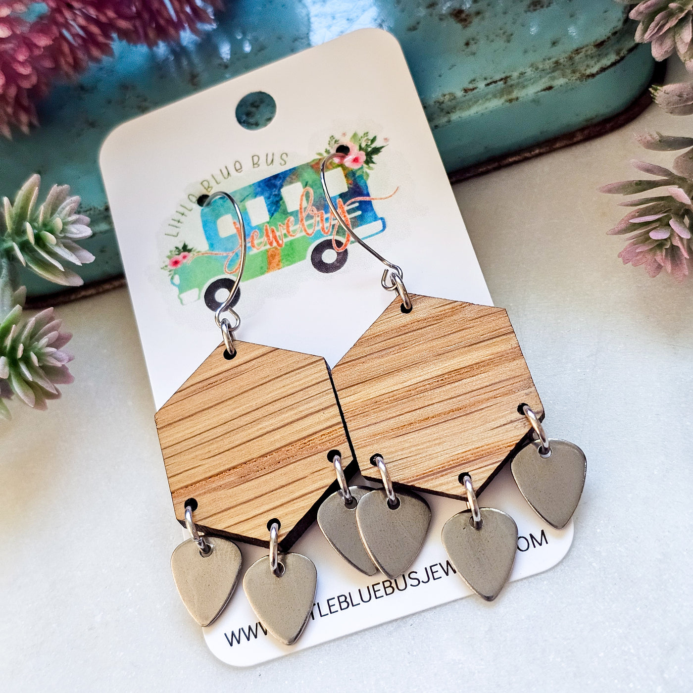 Wooden Hexagon + Triple Drop Earrings