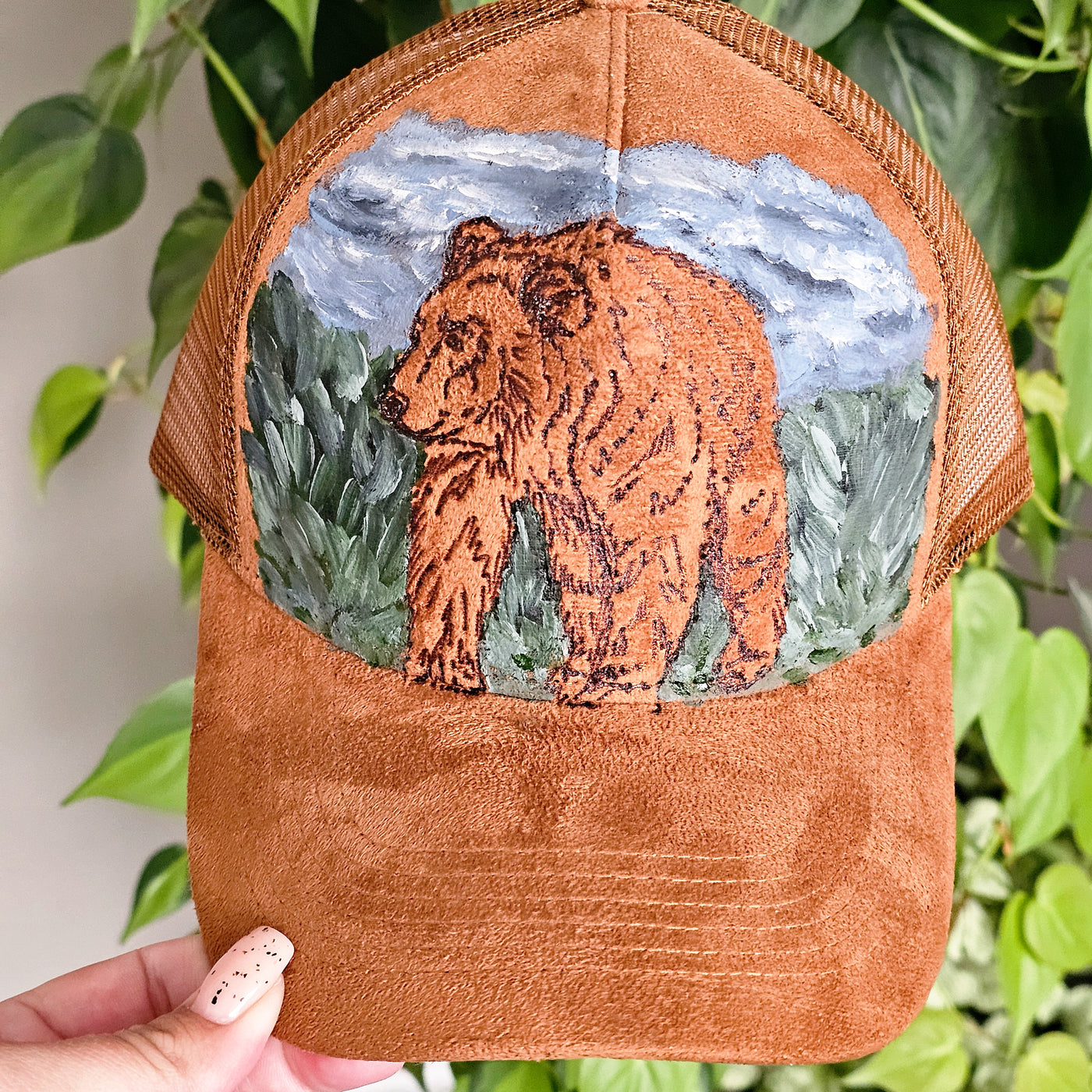 Bear Country || Camel Suede Baseball Style Mesh Trucker Hat || Hand Painted + Burned