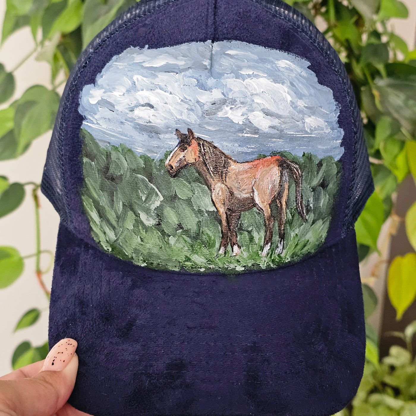 Wild Horse || Navy Suede Baseball Style Mesh Trucker Hat || Hand Painted + Burned