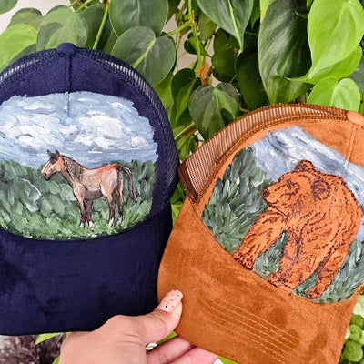 Wild Horse || Navy Suede Baseball Style Mesh Trucker Hat || Hand Painted + Burned