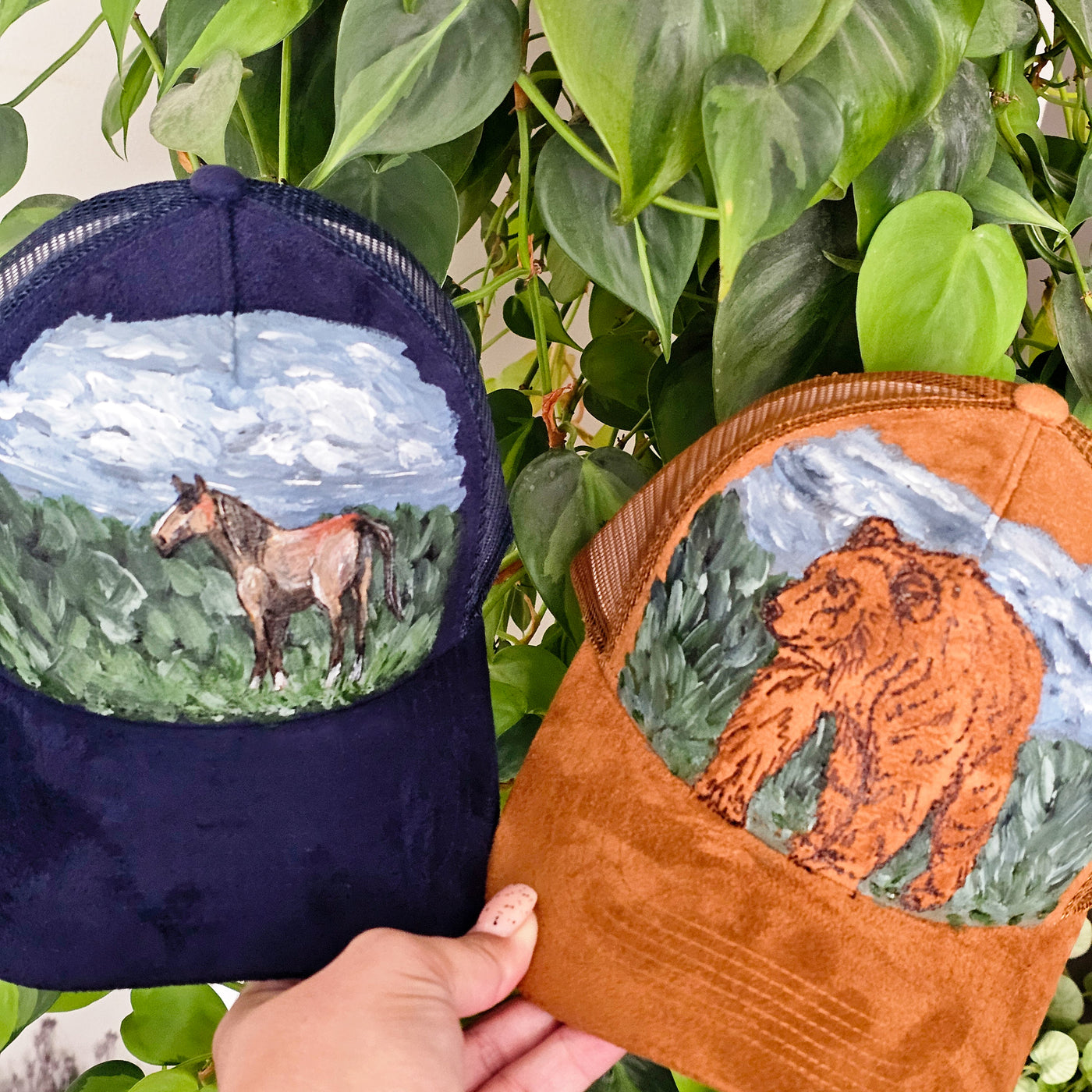 Wild Horse || Navy Suede Baseball Style Mesh Trucker Hat || Hand Painted + Burned