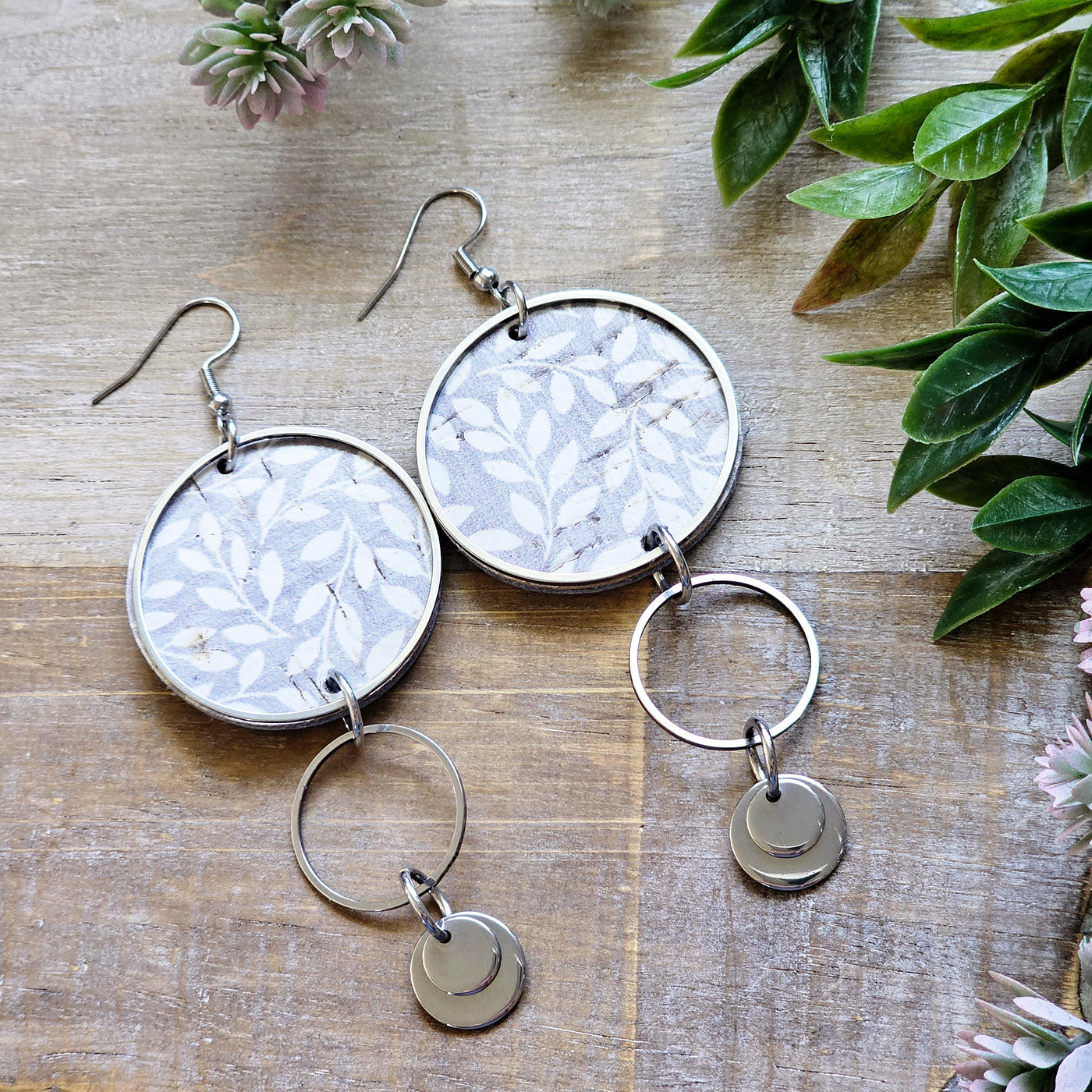 Floral Cork + Steel Hoop Drop Earrings