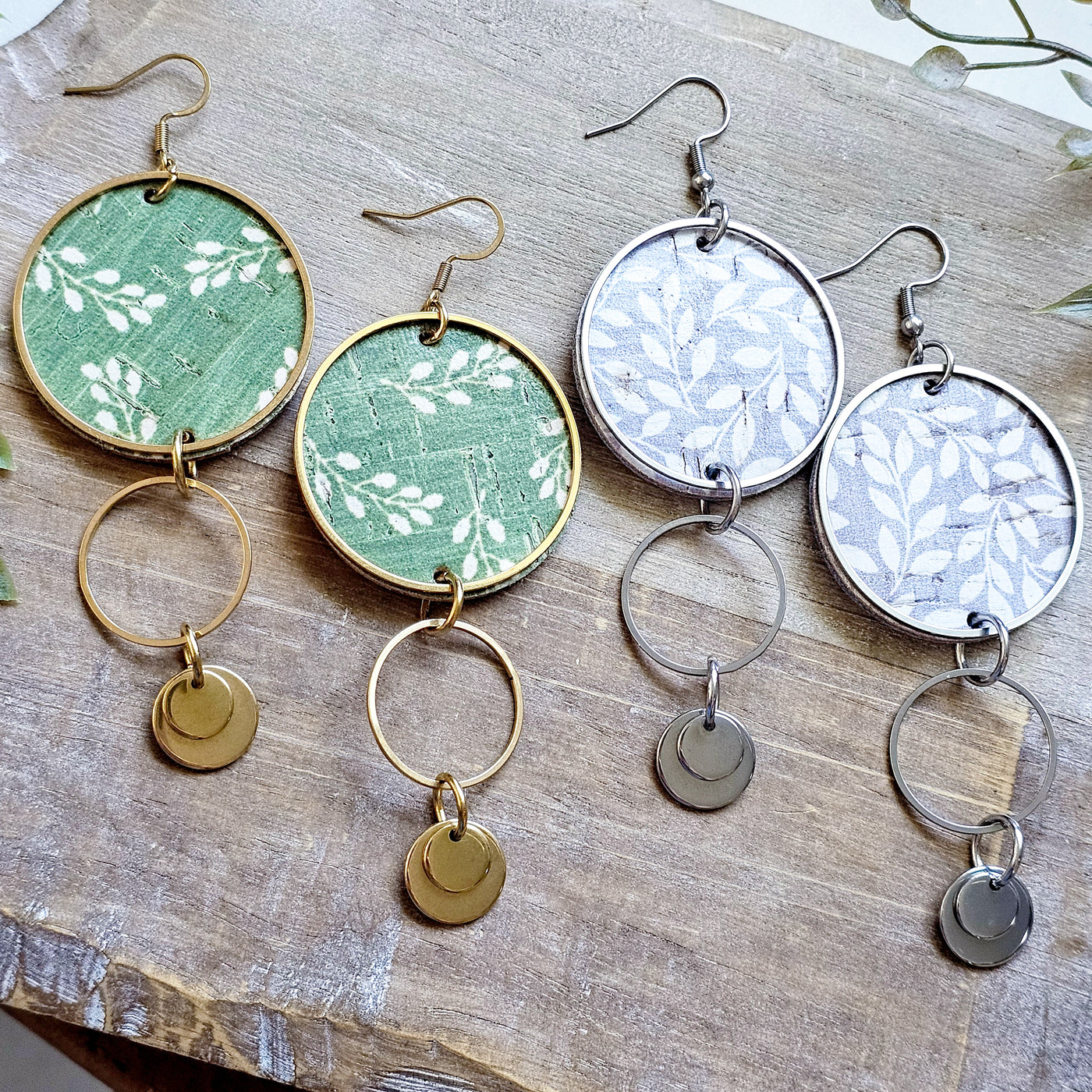 Floral Cork + Steel Hoop Drop Earrings