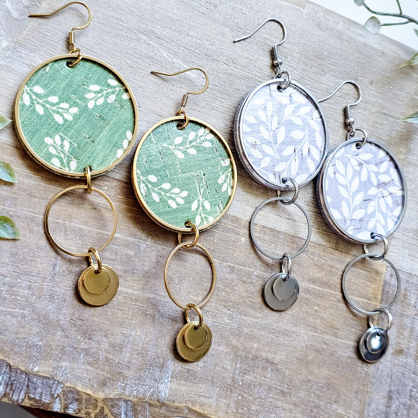 Floral Cork + Steel Hoop Drop Earrings