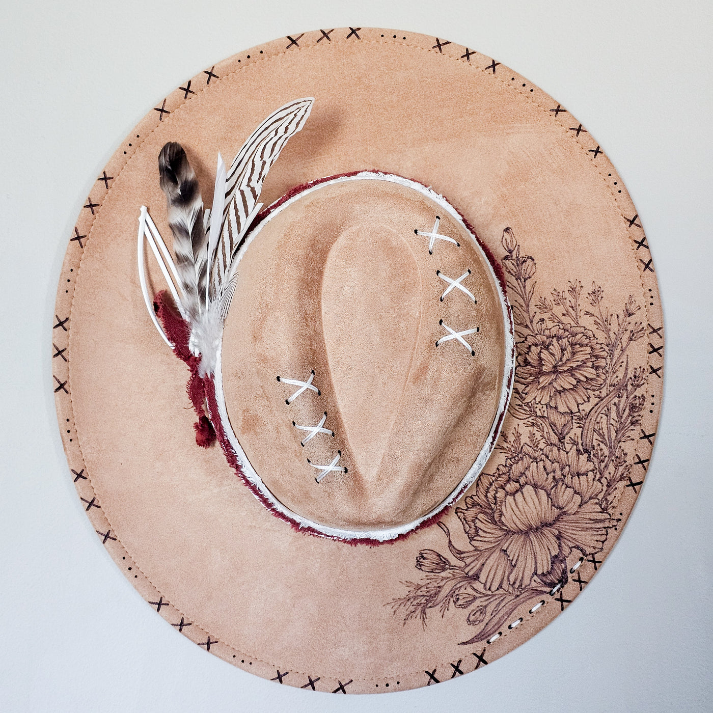 Country Carnation || Tan Suede Burned Wide Brim Hat