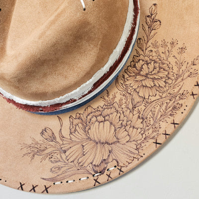 Country Carnation || Tan Suede Burned Wide Brim Hat