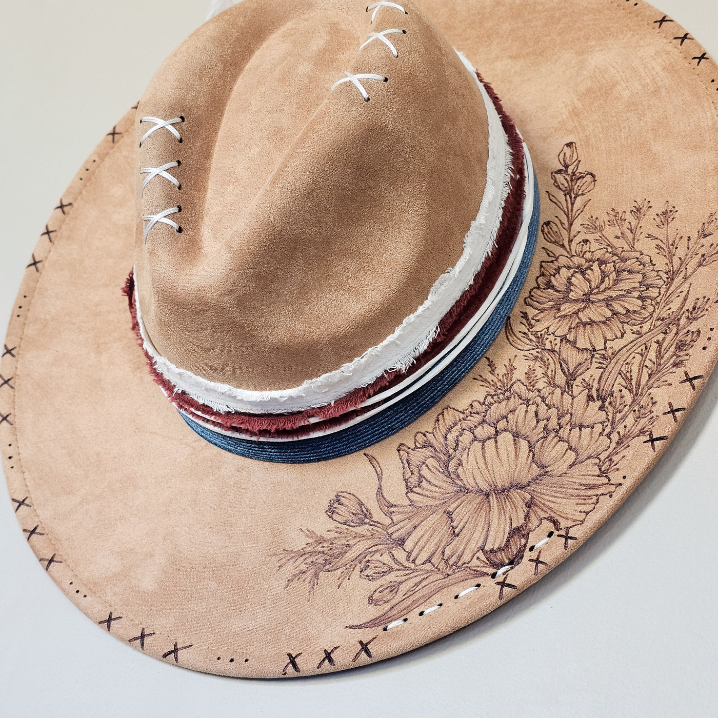 Country Carnation || Tan Suede Burned Wide Brim Hat