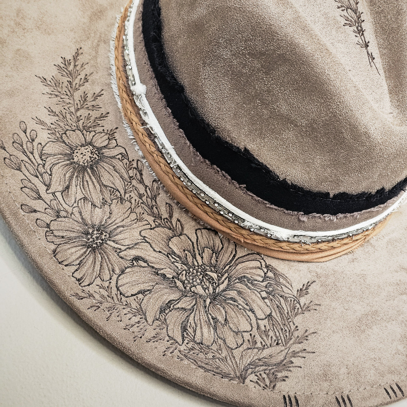 A Little Sparkle|| Taupe Suede Burned and Painted Wide Brim Hat