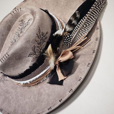 A Little Sparkle|| Taupe Suede Burned and Painted Wide Brim Hat