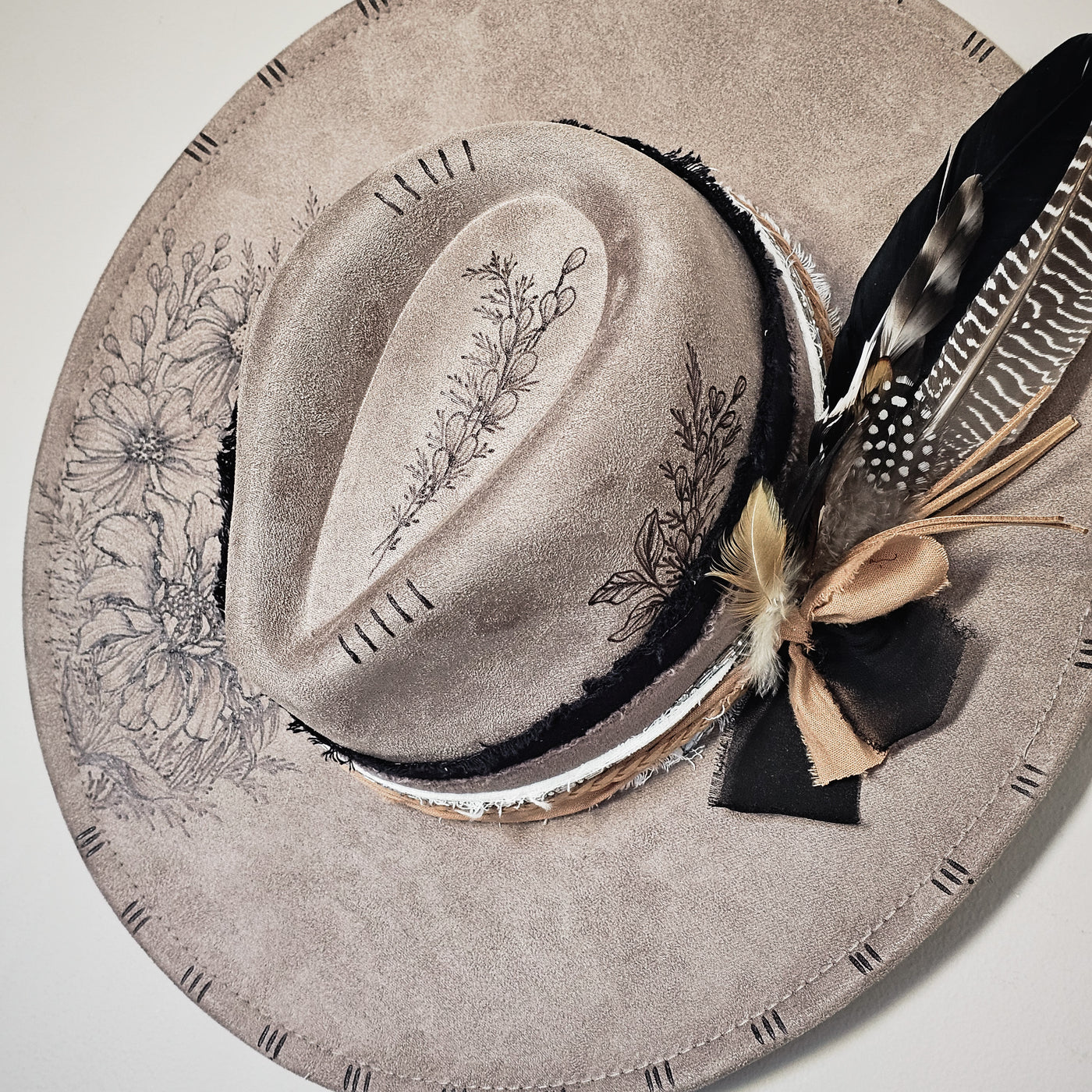 A Little Sparkle|| Taupe Suede Burned and Painted Wide Brim Hat