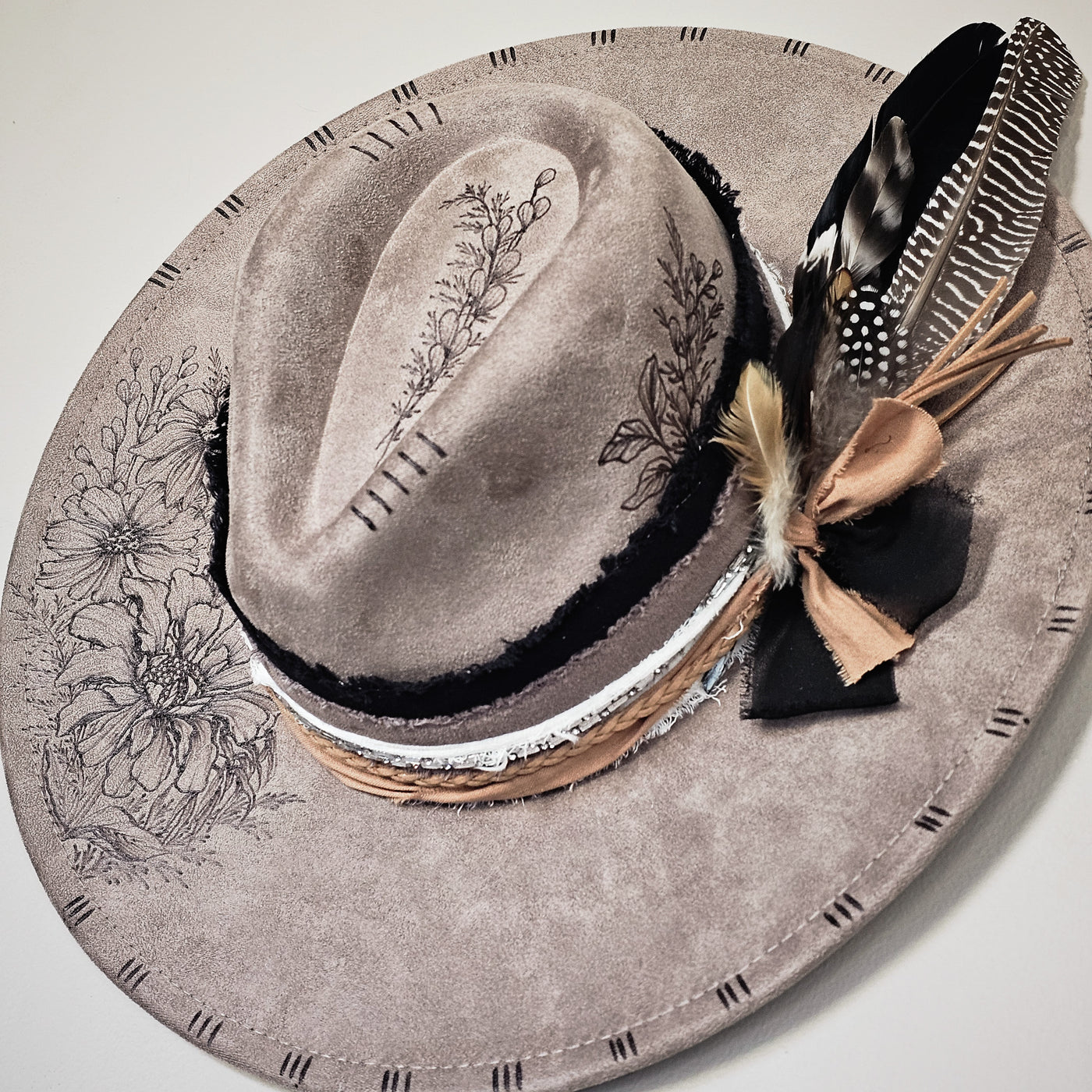 A Little Sparkle|| Taupe Suede Burned and Painted Wide Brim Hat