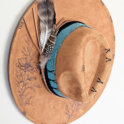 Turquoise Poppy || Camel/Medium Tan Burned Wide Brim Hat