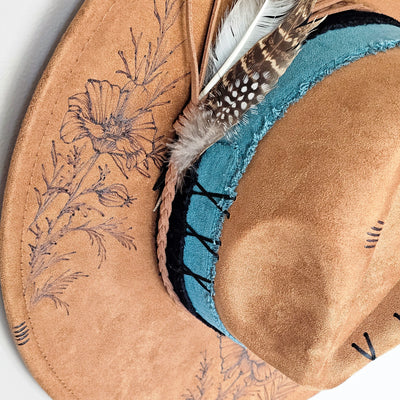 Turquoise Poppy || Camel/Medium Tan Burned Wide Brim Hat