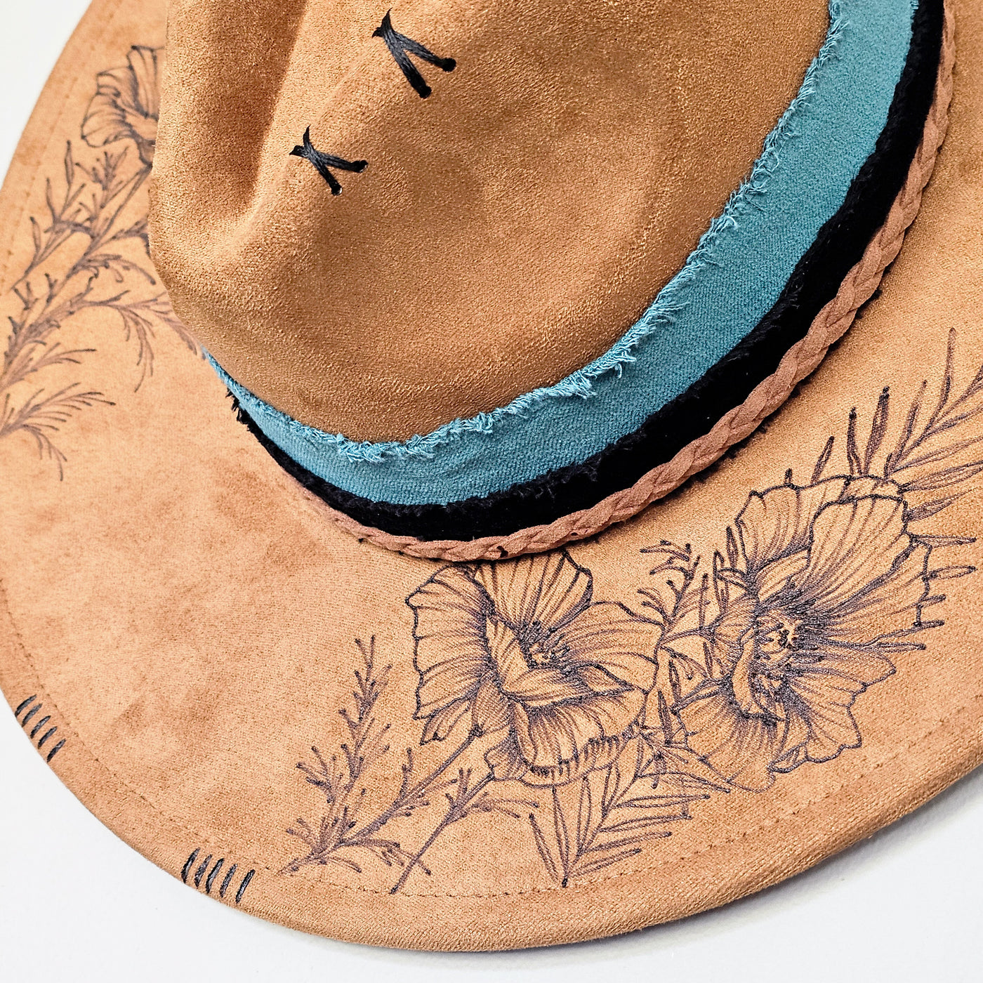 Turquoise Poppy || Camel/Medium Tan Burned Wide Brim Hat