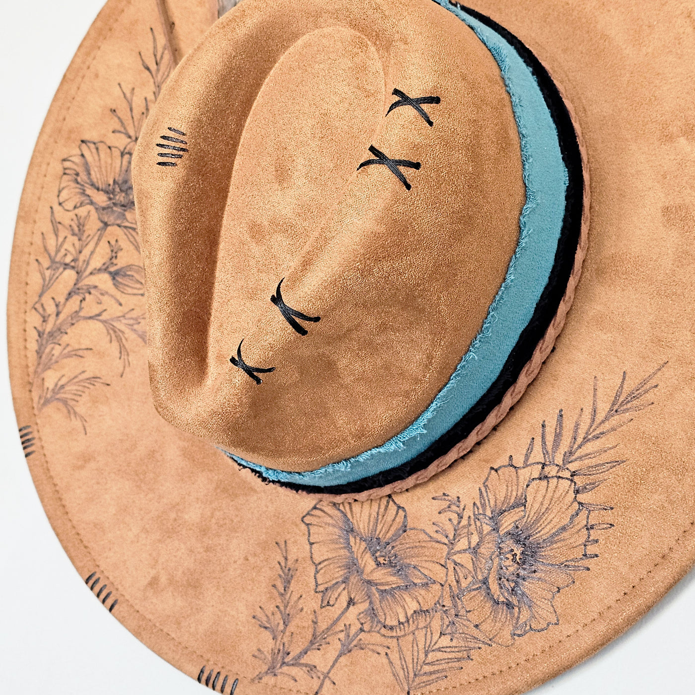 Turquoise Poppy || Camel/Medium Tan Burned Wide Brim Hat