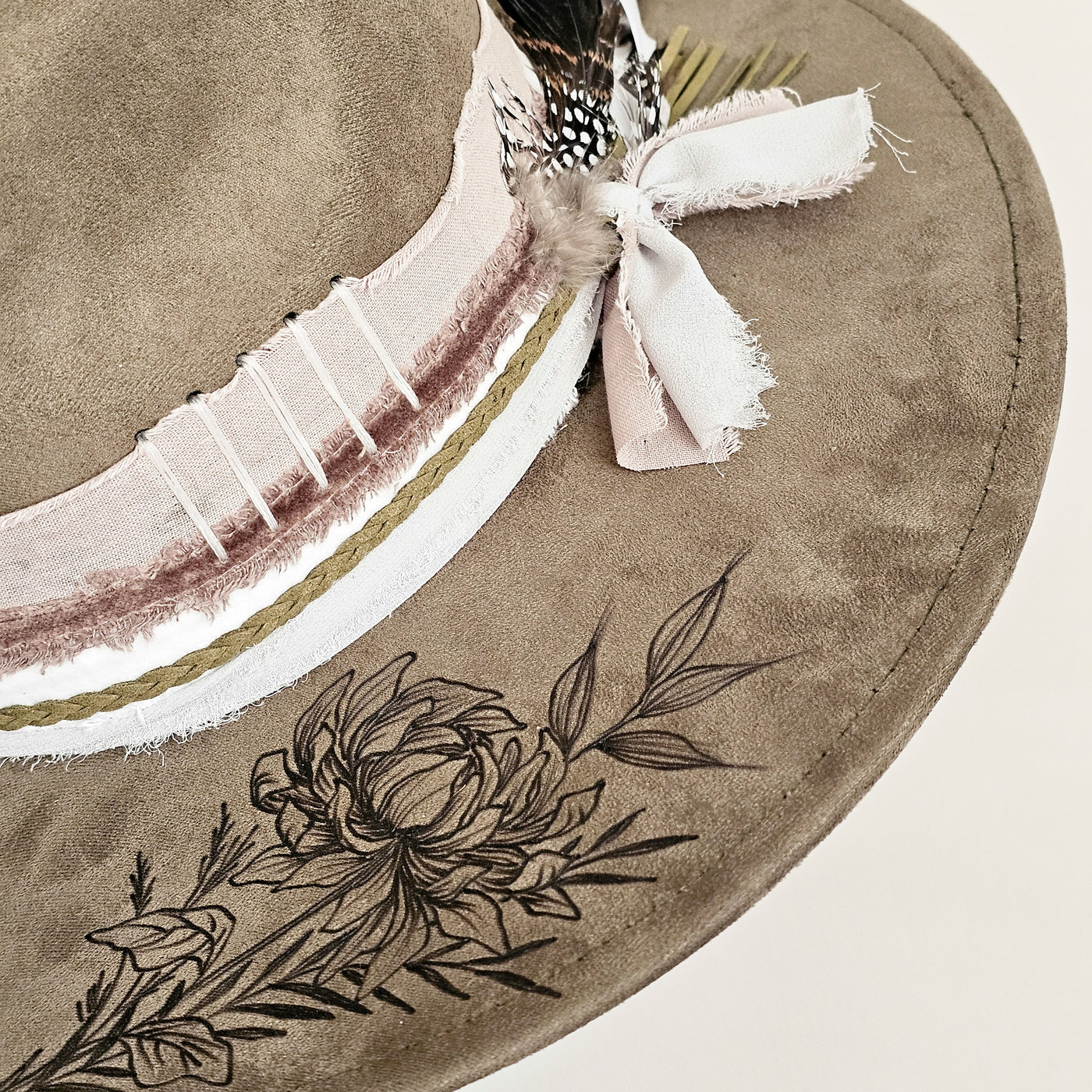 Chrysanthemum || Olive Suede Burned Wide Brim Hat