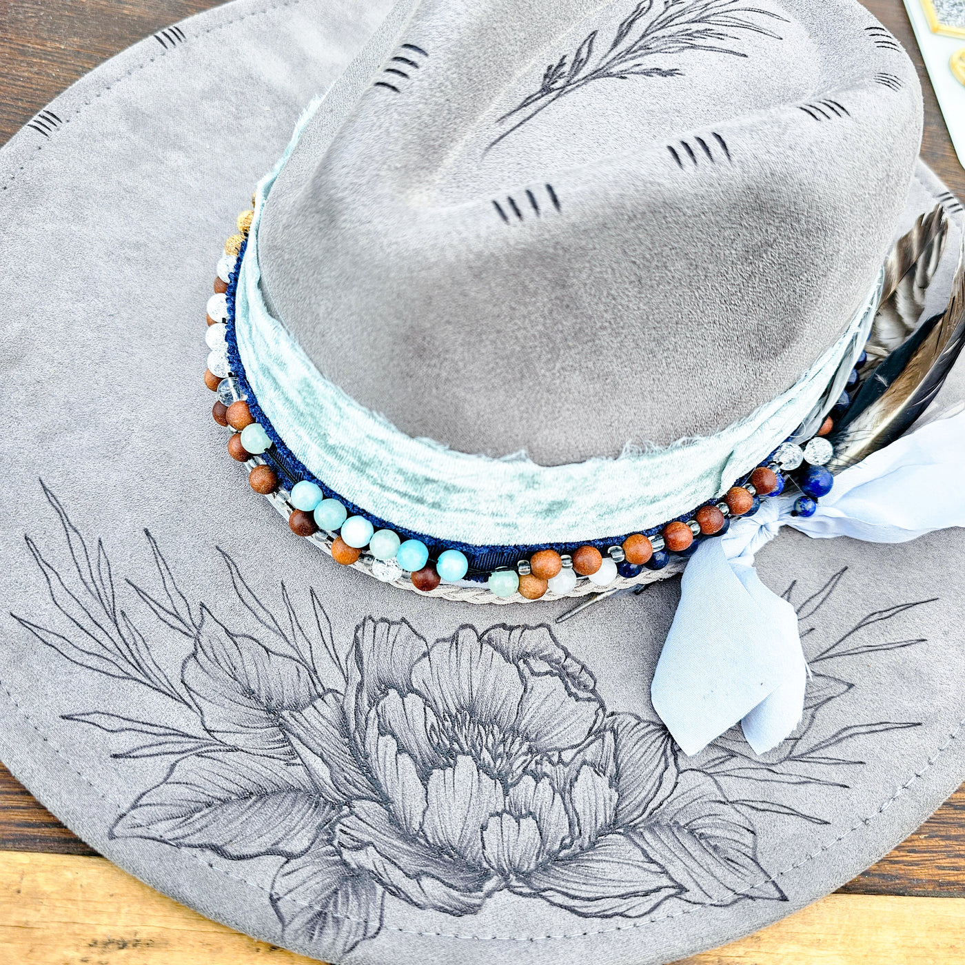 Beaded Beauty || Gray Suede Burned Wide Brim Hat