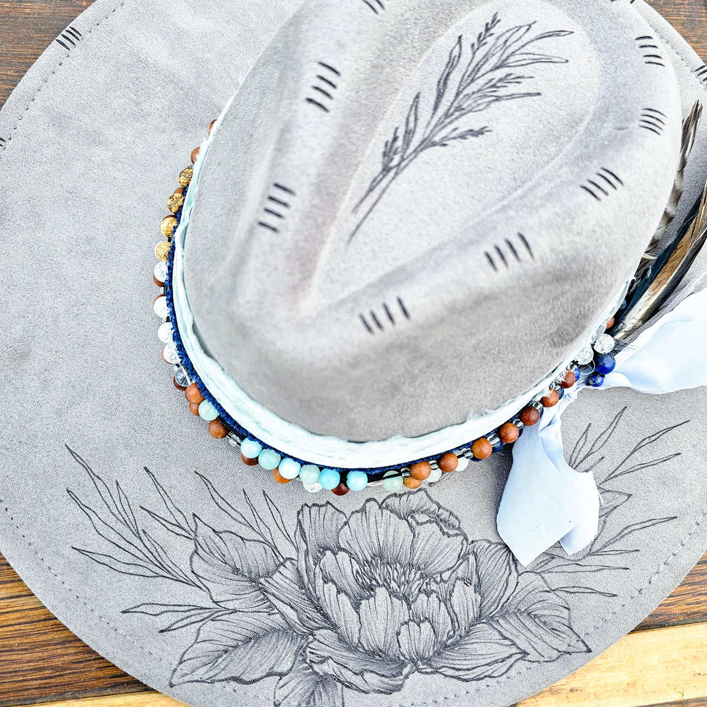 Beaded Beauty || Gray Suede Burned Wide Brim Hat