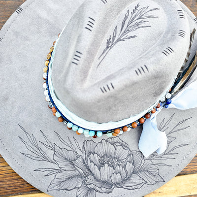 Beaded Beauty || Gray Suede Burned Wide Brim Hat