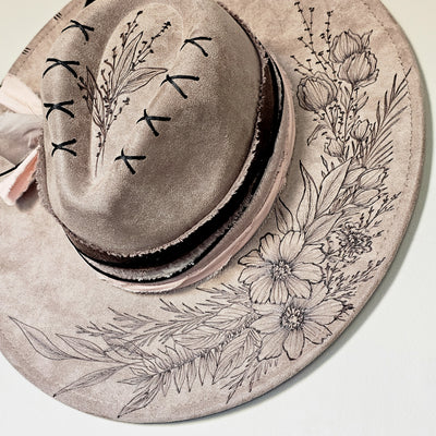 A Touch of Pink || Taupe Suede Burned and Painted Wide Brim Hat