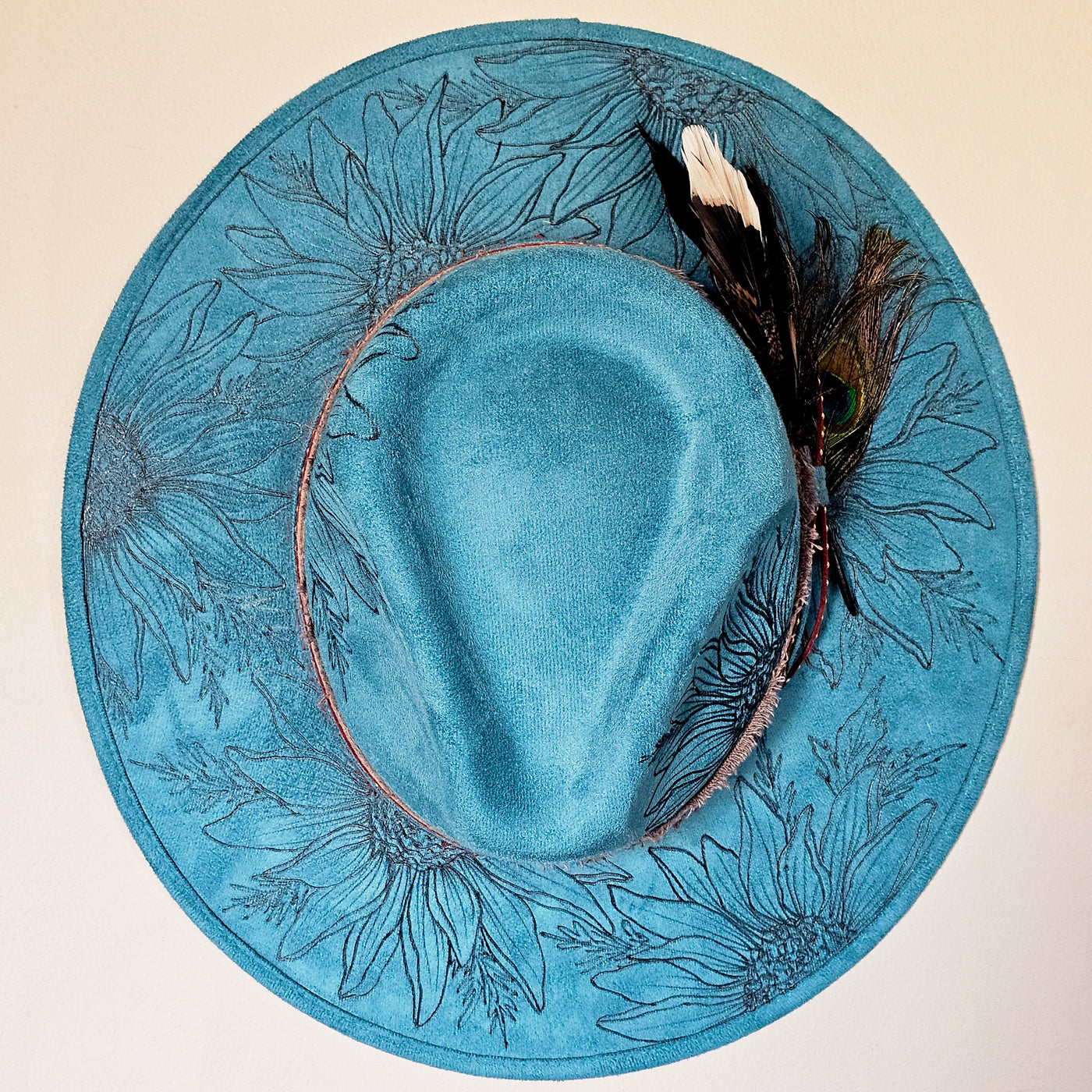 Turquoise Sunflowers |XL| Turquoise Burned Wide Brim Stiff Hat