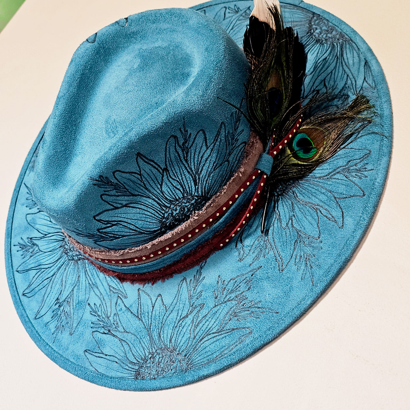 Turquoise Sunflowers |XL| Turquoise Burned Wide Brim Stiff Hat