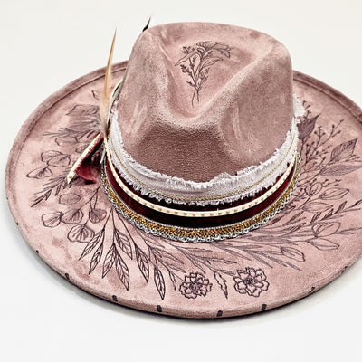 Floral Blint |M| Taupe Green Suede Burned Stiff Wide Brim Hat