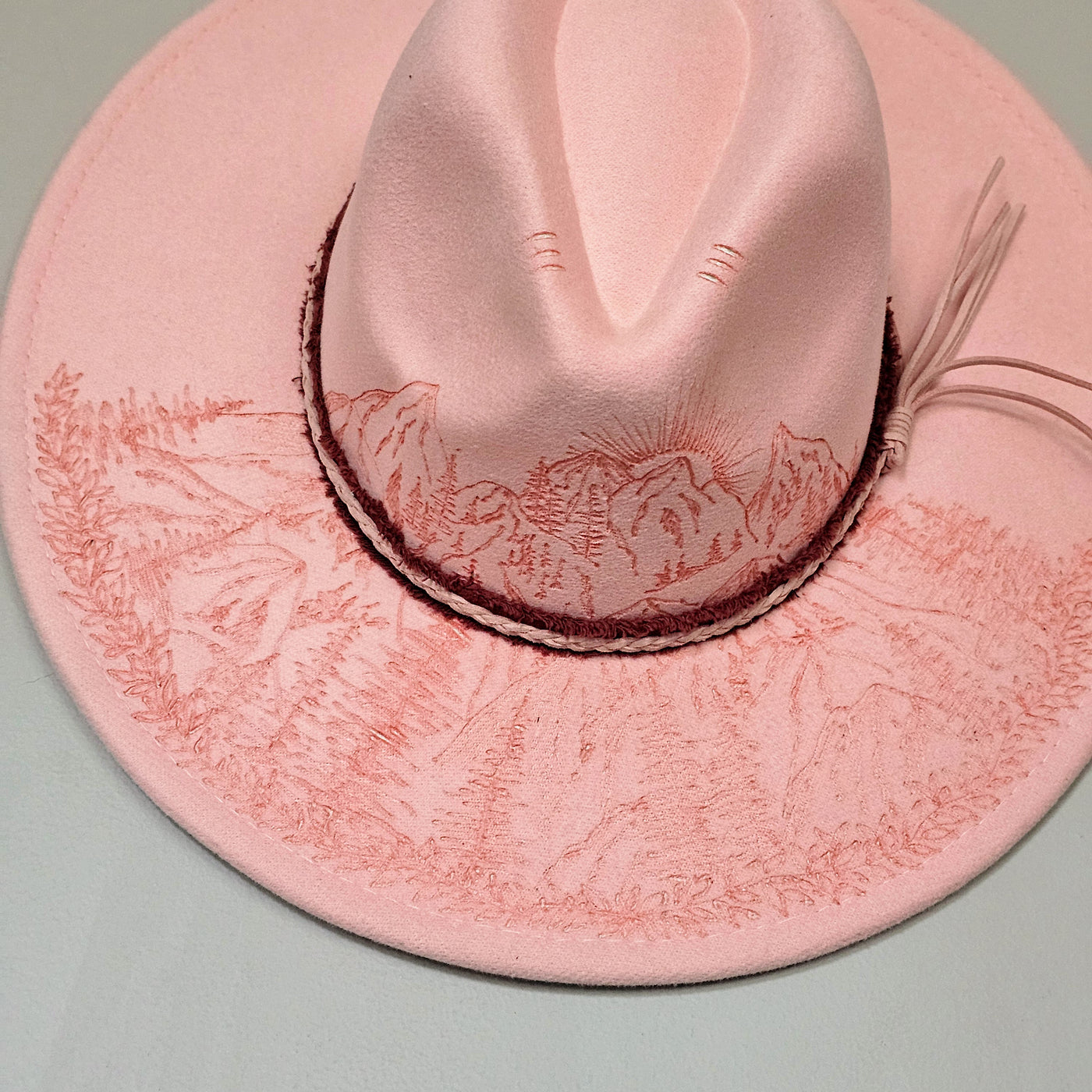 Mountain Princess || Light Pink Felt Freehand Burned Wide Brim Hat