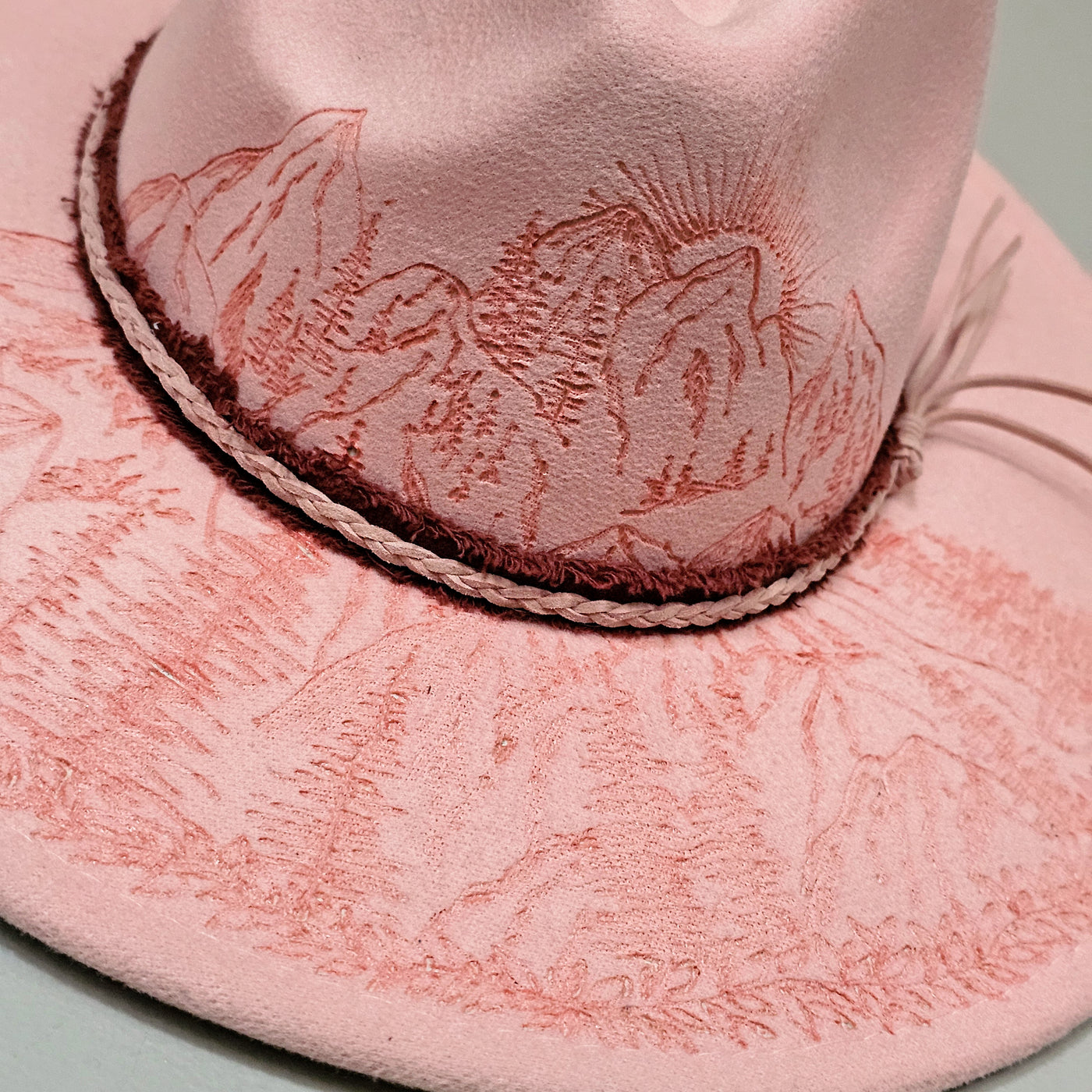 Mountain Princess || Light Pink Felt Freehand Burned Wide Brim Hat