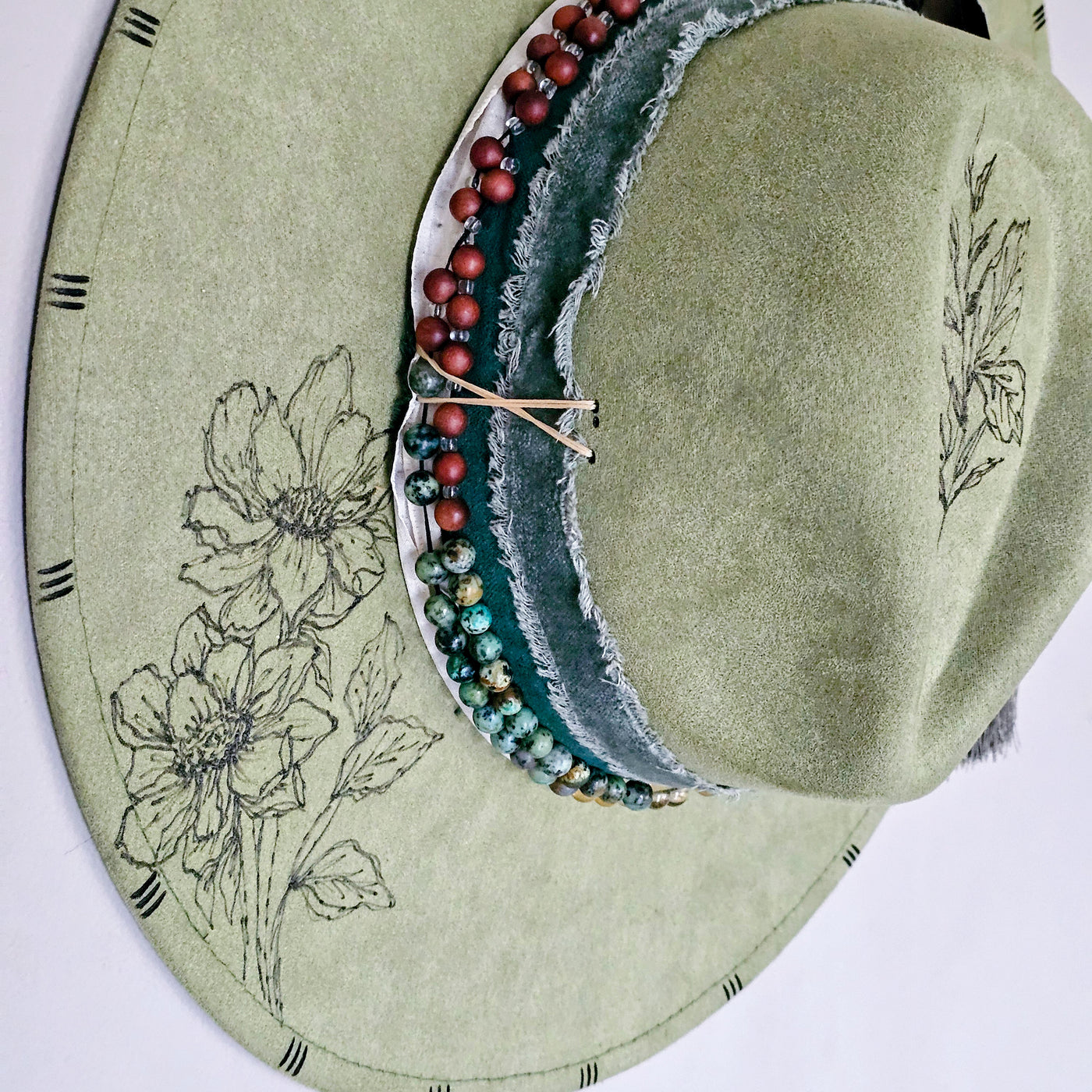 Floral Envy || Green Suede Burned Wide Brim Hat